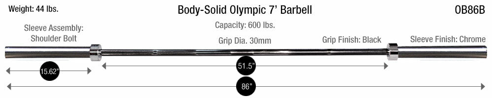 Body-Solid Olympic 7' Bar with Black Grip Finish and Chrome Sleeves